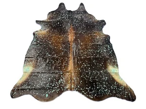 Tappeto in pelle di mucca marrone scuro con acido turchese verde lavato misura: 7,7x6,5 piedi D-169 - Foto 1 di 7