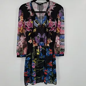 Desigual A-Line Dress Women's Medium Multi Floral Layered Drawstring V Neck - Picture 1 of 10