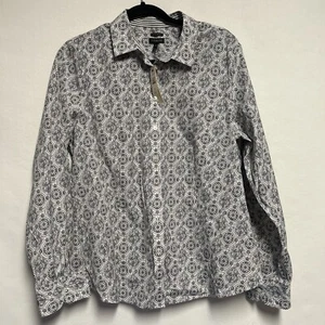 Talbots Bluse Damen 16 weiß grau Knopfleiste knitterarm Stretch Oberteil - Bild 1 von 6