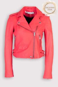 RRP €920 IRO Ashville Leather Biker Jacket FR38 US6 UK10 M Pink Worn Look Zipped