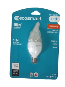 Ecosmart 60w Watt Led Medium Base Bulb Soft White Flame Tip Candelabra Base New - Picture 1 of 8
