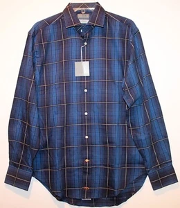 Thomas Dean Mens Cobalt Blue Check Button-Front Dress Shirt NWT $110 Size S - Picture 1 of 3