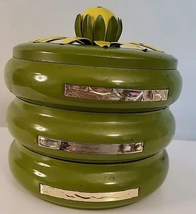 RARE MCM Avocado Green Aluminum Stacking Canister Set Stacking W/Flower Handle - Picture 1 of 8