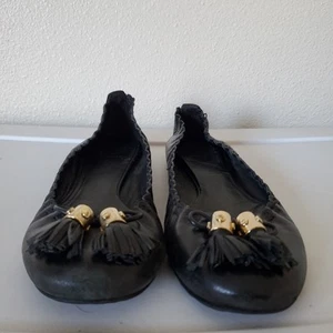 Tory Burch Reese Flat Mestico Black Leather Flat Ballet Tassels Shoes Size 8 /39 - Picture 1 of 17