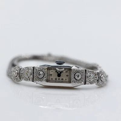 Vintage Orologio 585/14K Oro Bianco Carica Manuale Diamanti Circa 1ct Tw / Vs - Immagine 1 di 2