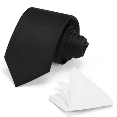Juego de corbata formal negra de 3,15" (8 cm) color liso para hombre y negra + blanca Foto 1 de 4