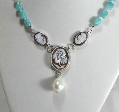 COLLANA  ARGENTO 925 CAMMEI SARDONICO PERLE CILINDRI ACQUAMARINA        AGLN 040 - Immagine 1 di 4