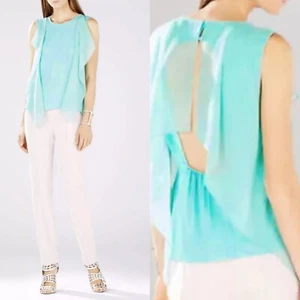 NEW BCBG MAXAZRIA IVORIE LIGHT AQUA RUFFLE KAFTAN FLUTTER OPEN BACK TOP SZ M - Picture 1 of 12