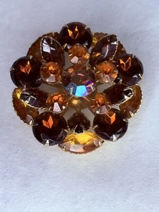 Vintage Rhinestone Brooch 3D Amber Topaz AB Facetted Prong Set Rhinestones - Picture 1 of 6