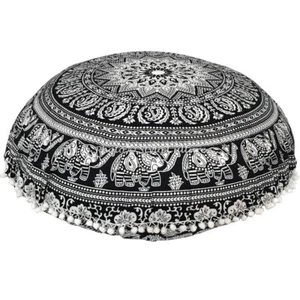 Ottoman Large Black Floor Pillows Round Mandala Elephant Floor Cushions Cover - Picture 1 of 6