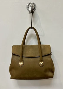 Vintage 1980s  Designer Carolina Herrera Army Green Suede Purse Gold Hearts - Picture 1 of 12