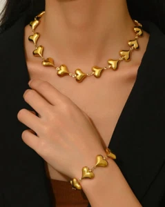 Stainless Steel Chain Necklace and Bracelet multi-heart  gold Plated - Picture 1 of 4