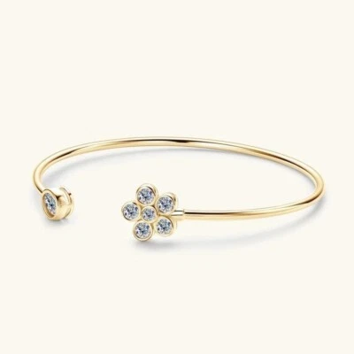 1ct Flower Cuff Bracelet Bangle Yellow Gold Diamond Test Pass Lab-Created VVS1/D - Image 1 of 4