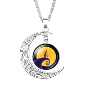 Nightmare Before Christmas Jack and Sally Crescent Moon Dangle Charm Necklace - Picture 1 of 9