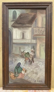 Vintage Mexican Folk Art Signed Original Oil Painting Street Scene  27" x 15" - Picture 1 of 23