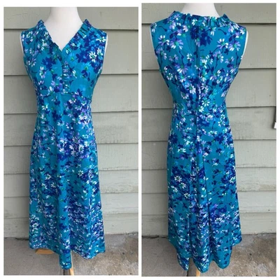 Vtg 60/70’s Hawaiian Lauhala Maxi Dress Teal Blue Purple Floral Sleeveless Sz 8 - Imagem 1 de 4