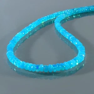 Natural Sky Blue Fire Opal 4-5mm Beads Strand Pure 925 Silver Handmade Necklace - Picture 1 of 7