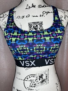 Victoria’s Secret VSX Sports Bra purple green Neon geo M Logo Unlined - Picture 1 of 7