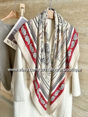 Sallys 70% Cashmere 30% Silk Wrap Scarf Boats Horses Print Double Face Shawl 53" - Image 1 of 4