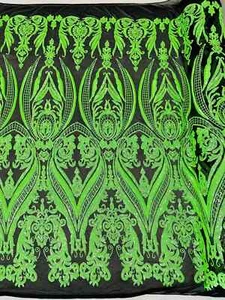 Damask Design Fabric - Green - Embroidered Lace Mesh Fabric with Sequins - Picture 1 of 4