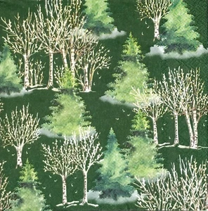 Q542# 3 servilletas de papel individuales para decoupage patrón de abedul y abeto en verde - Imagen 1 de 9