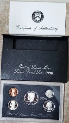 1998 US Mint Silver Proof Set w/Box ,COA. .61487 oz Silver new perfect condition - Image 1 of 2