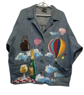 Chaqueta vaquera pintada Sport Deco talla XL globos + champán años 90 ropa artística vintage Foto 1 de 4