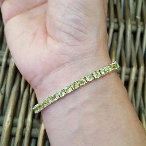 925 Sterling Silver Tennis Bracelet, Green Peridot Gemstones Jewellery 7.5" - Picture 1 of 8