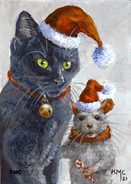 KMCoriginals 印花鼠猫圣诞老人帽子铃糖果圣诞节复制品ACEO艺术 — 第 1/1 张图片