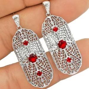 Treated Ruby 925 Solid Sterling Silver Victorian Style Earrings Jewelry - Picture 1 of 1
