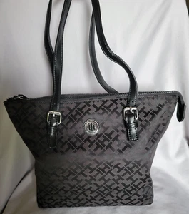 Tommy Hilfiger Monogram Shoulder Satchel Bag Purse Black Silver Tote Hobo Y2K - Picture 1 of 6