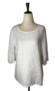 Terzo Millennio Shirt Women Small White Linen Button Back Bell Sleeve Lagenlook - Picture 1 of 8