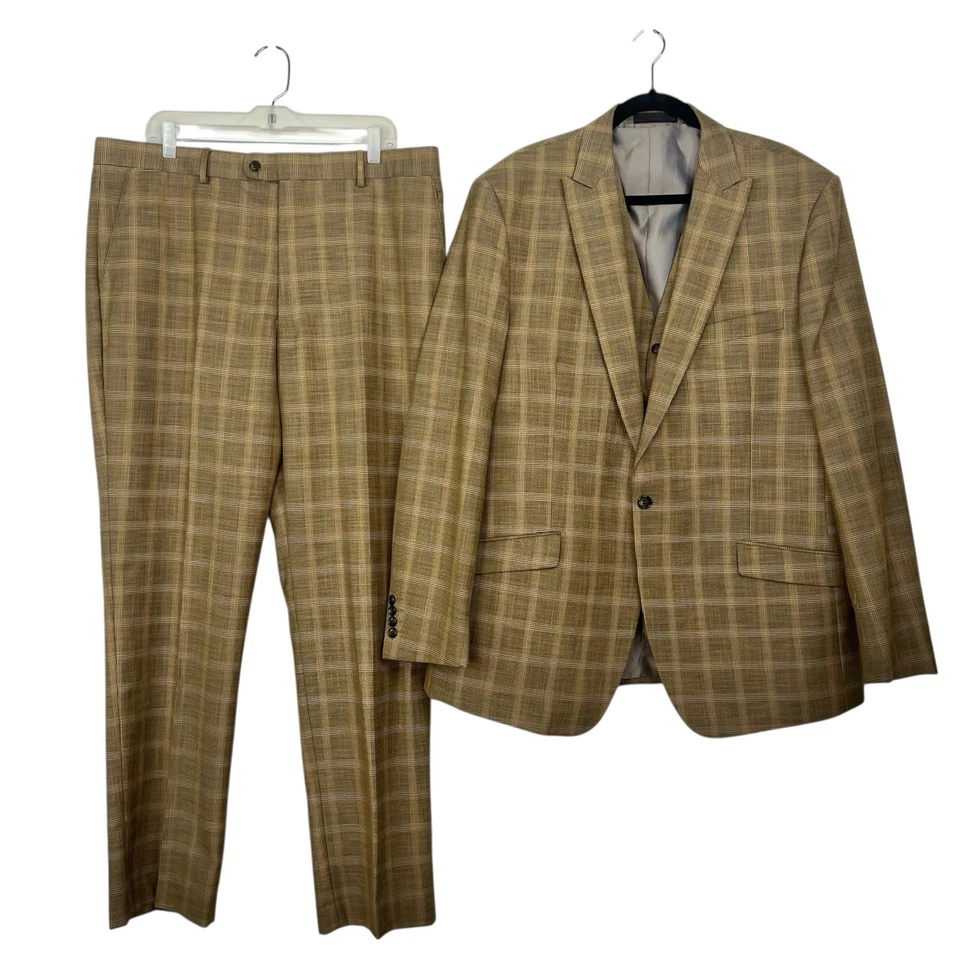 Vitali Men 3PC Vested Suit 46L Pants 40x32.5 Plaid Rust Peak Lapel Flat Front - Image 1 of 4