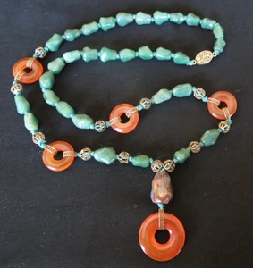 Antiguo collar de doble nudo de vidrio de cornalina firmado en plata de China de Pekín - Imagen 1 de 19