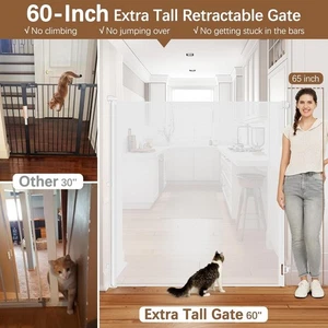 60 In Extra Tall Pet Gate Retractable Baby Gate No Jumping Over Extends to 55 In - Picture 1 of 13