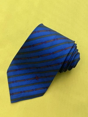 Authentic CELINE  Striped Snaffle Belt Design On Blue 100% Silk Necktie Tie - Image 1 of 4