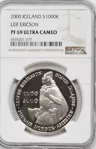 2000 Iceland 1000K Thousand Kronur Silver Leaf Ericson Commemorative NGC PF69UC - Picture 1 of 2