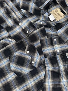 Wrangler Shirt Mens Large Pearl Snap Sawtooth Black Blue Western Wear - Picture 1 of 6
