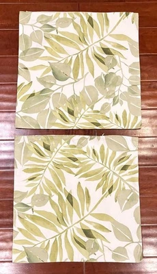 Pottery Barn Ivory Linen Blend Throw Pillow Covers Pair Green Tropical Leaf - Image 1 of 4