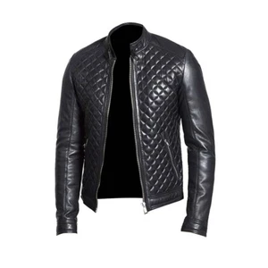 Black Quilted Leather jacket for Men, Pure Lambskin Leather Jacket, Biker Jacket - Picture 1 of 4
