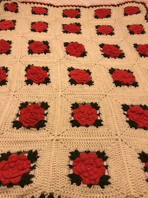 Red & White Floral Handmade Crocheted Knitted Blanket Throw Afghan 63.5 X 52 In - Image 1 of 4