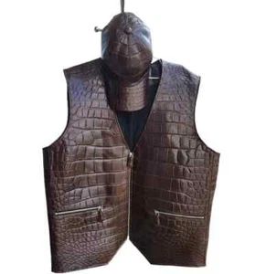 Vest & Cap Men Brown 100% Real Genuine Leather Exotic Crocodile Embossed ARIF - Picture 1 of 9