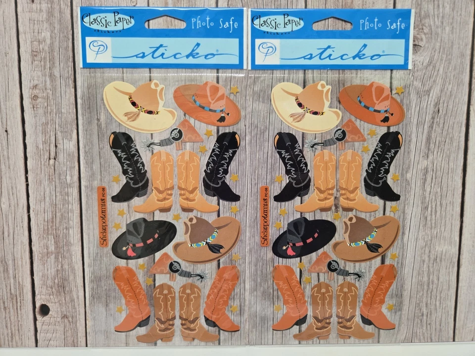 Lote de pegatinas adhesivas clásicas de papel foto seguro sombreros y botas de vaquero Foto 1 de 1