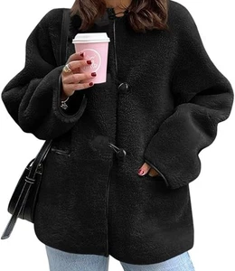 Women's Warm Oversized Faux Fur Fleece Jacket with Pockets Black Size M Medium - Picture 1 of 14