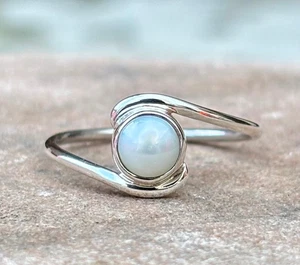 Round Pearl Gemstone Ring 925 Sterling Silver Handmade Boho Jewelry For Women - Picture 1 of 9