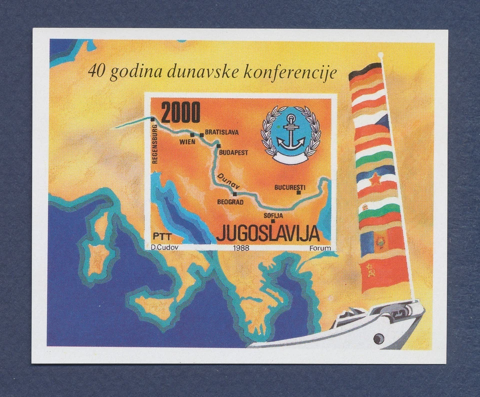 Yugoslavia - Scott 1904 - MNH - mapa, banderas, Conferencia del Danubio - 1988 Foto 1 de 1