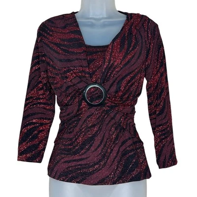 Dressbarn Collection Y2K 中号红色黑色斑马印花闪亮 3/4 袖 — 第 1/4 张图片