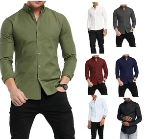 Camisas para hombre con botones de calce ajustado modernas mangas largas informales camisa formal RH12 - Imagen 1 de 9