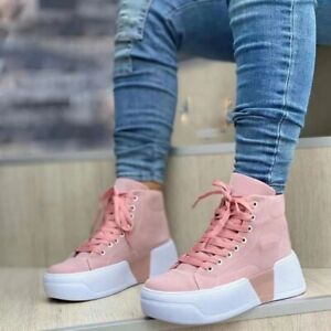 Womens Ankle Boots High Top Lace Up Canvas Breathable Platform Sneakers Shoes