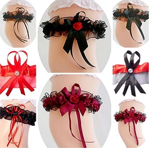 SEXY STRUMPFBAND SCHWARZ ROT PERLEN STRASS BRAUT HOCHZEIT VERSCH. MUSTER NEU - Bild 1 von 18